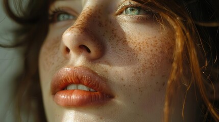 Close-up portrait of a young woman with freckles and natural beauty