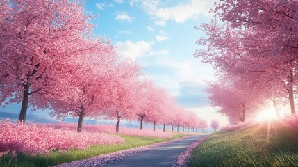 Cherry blossom trees in full bloom, bright spring sunlight, ultrarealistic detail of pink petals and serene nature s beauty