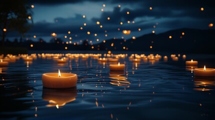 Sticker - A large body of water is lit up with candles