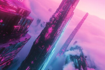 Poster - Futuristic skyscraper in a surreal world, with neon colors and dreamlike elements.