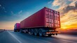 © CreativeSeven  - Logistics import export and cargo transportation industry concept of Container Truck run on highway road at sunset blue sky background.