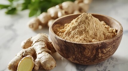 fresh ginger root and ground ginger powder in a wooden bowl