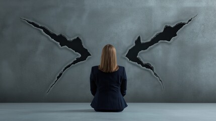 Businesswoman facing two arrows pointing in opposite directions on a cracked concrete wall.