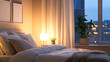 © VERTEX SPACE - A cozy bedroom scene featuring neatly made bed with soft pillows and warm lamp illuminating space. potted plant adds touch of nature, creating serene atmosphere