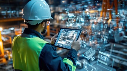 Poster - smart construction project management system concept, engineer using a digital tablet on a construct