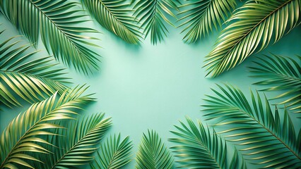 Tropical palm leaves on a pastel green background fisheye