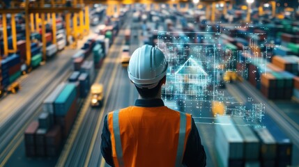 Poster - worker overseeing operations at a busy container port generative ai image