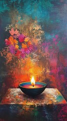 Wall Mural - A colorful painting of a candle in a bowl. The painting is abstract and has a lot of different colors