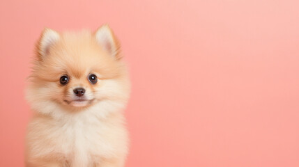 Fluffy Pomeranian puppy with cheerful expression against soft pink background, radiating warmth and playfulness. This adorable pet captures hearts effortlessly