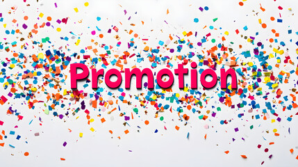 Poster - Promotion text surrounded by colorful confetti explosion graphics