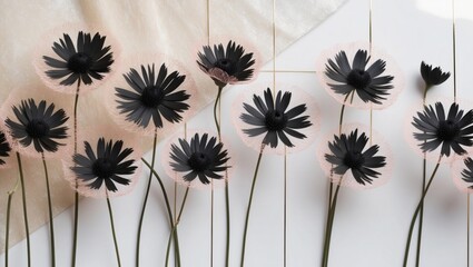 A white and gold background with black and pink flowers on a floral background.