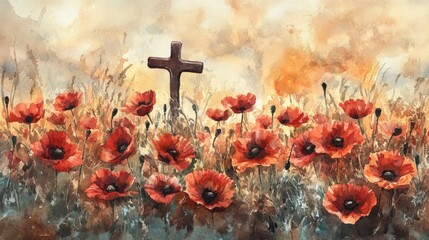 Poster - Artistic depiction of a field of watercolor poppies with a subtle remembrance cross, blending memory with honor.