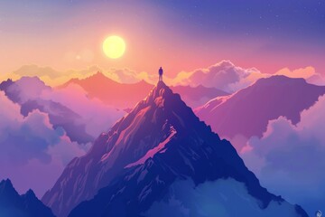 Wall Mural - Artistic representation of success as a person standing on a mountain peak.