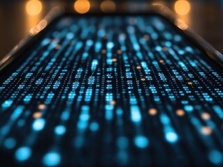 A close-up shot of a phone screen displaying a stream of binary code, with a blurred background of city lights.