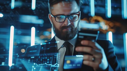 Business professional using smartphone and credit card for secure online banking transactions, emphasizing fintech and blockchain technology concepts