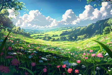 Wall Mural - A beautiful field of flowers with a blue sky in the background