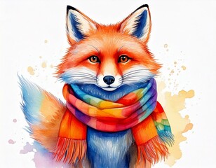 Vibrant watercolor illustration of a cute fox wearing a rainbow scarf, blending bright colors with a playful artistic style.