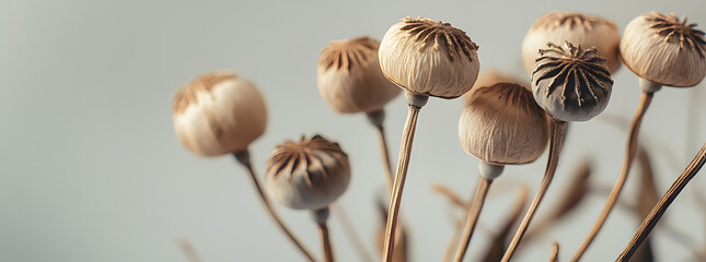 Wall Mural - Banner dried poppy heads on a background.