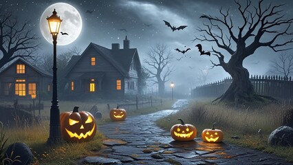 Late night Halloween atmosphere poster, gloomy streets under the full moon with old cobblestone roads and weeds, glowing pumpkins, streetlights, and ancient houses, flying bats, withered trees, festiv