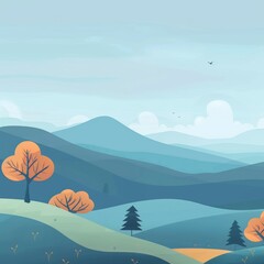 Poster - A peaceful illustration of rolling hills, autumn trees, and birds flying in a calm sky, perfect for nature and landscape themes.