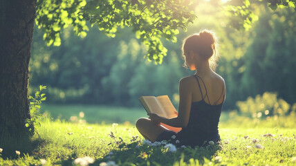 a woman sitting under a tree in a quiet meadow, reading a paperback book in the gentle shade on a su