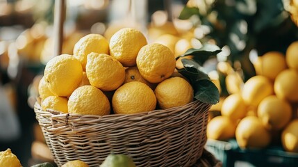 A basket of fresh yuzu fruit, their bumpy yellow skins glowing in the natural light, stacked at a local market.