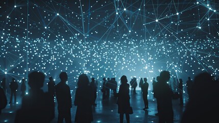 Globalization and technology concept: people connected by a network of illuminated lights representing global communication and digital connectivity