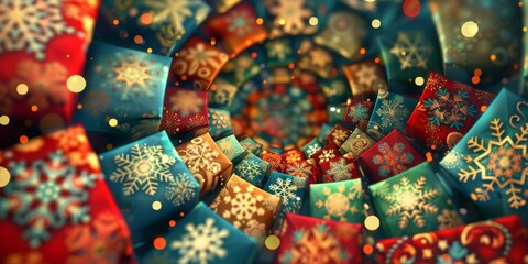 Poster - Decorative snowflakes and gifts in a spiral layout with colorful designs.