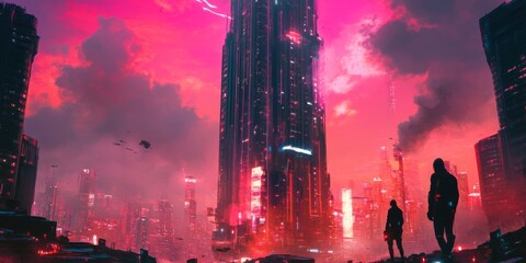 Wall Mural - Fantasy cityscape featuring a futuristic skyscraper, blending synthwave colors and surreal elements.