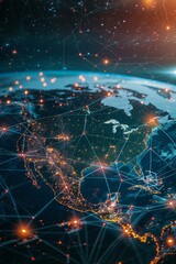 Poster - Stunning aerial view of North America at night, showcasing glowing city lights and interconnected network lines.