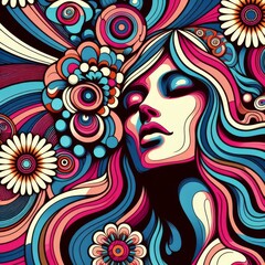 Abstract woman retro cool digital artwork. Contemporary pop art design, 70s style vivid flower child surreal pop art. Seamless pattern psychedelic hypnotic cartoon hippie trippy landscape
