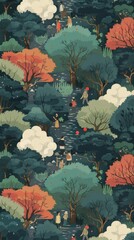 Sticker - A colorful painting of a forest with people walking on a path. The mood of the painting is peaceful and serene