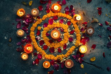 Poster - Top-down shot of a rangoli with flower petals and small clay lamps.