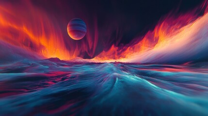 Poster - A surreal cosmic landscape featuring fiery colors and a distant planet.
