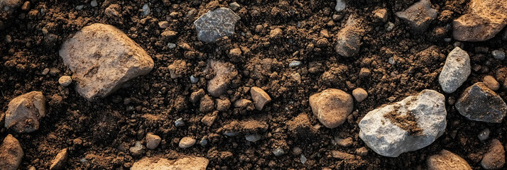 Wall Mural - The surface of textured soil showcases a variety of rocks and earthy tones in its composition