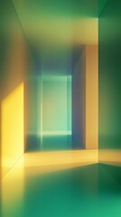 Poster - A visually striking abstract image of a geometric corridor with vibrant colors and light reflections, showcasing modern minimalist design.