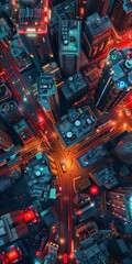 Sticker - A cityscape with a red and orange tint. The city is lit up with neon lights and the buildings are tall. Scene is energetic and vibrant