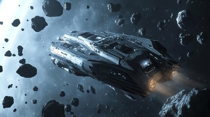 Wall Mural - futuristic spaceship flying through an asteroid field.