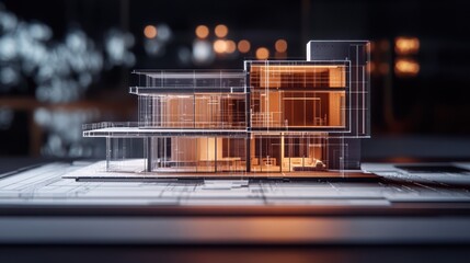 Poster - A detailed architectural model showcasing a modern building design with illuminated features.