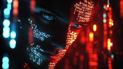 Poster - A close-up of a person's face illuminated by digital code in red and blue light.