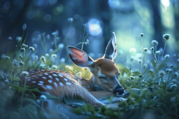 Poster - A tranquil scene of a young fawn sleeping peacefully in a lush forest meadow surrounded by delicate wildflowers and soft sunlight.