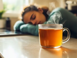 a close-up of a steaming cup of tea, with a sleepy person resting their head on the kitchen counter 