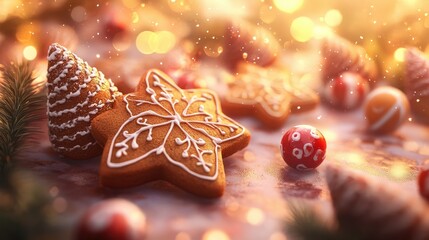 Gingerbread cookies with painted cones on a bokeh background. Ch