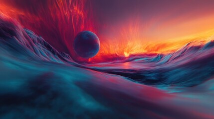 Poster - A surreal landscape featuring a vibrant sunset, waves, and a distant planet.