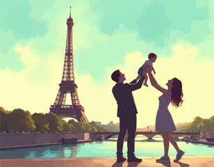  Family with Eiffel Tower in Background