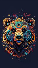 Poster - Bear head with vibrant tribal designs in a conceptual illustration.