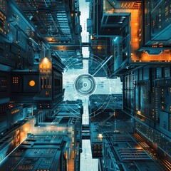 Canvas Print - Birds eye perspective of digital security architecture.