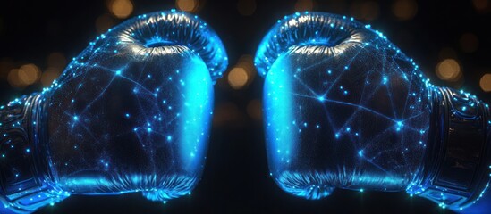 Sticker - two blue glowing boxing gloves facing each other against a dark background with bokeh lights.