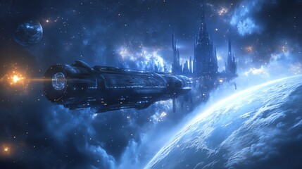 Wall Mural - spaceship flying over a planet in a starry sky.
