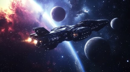 Wall Mural - a futuristic spaceship flies through space, past a planet and nebula.